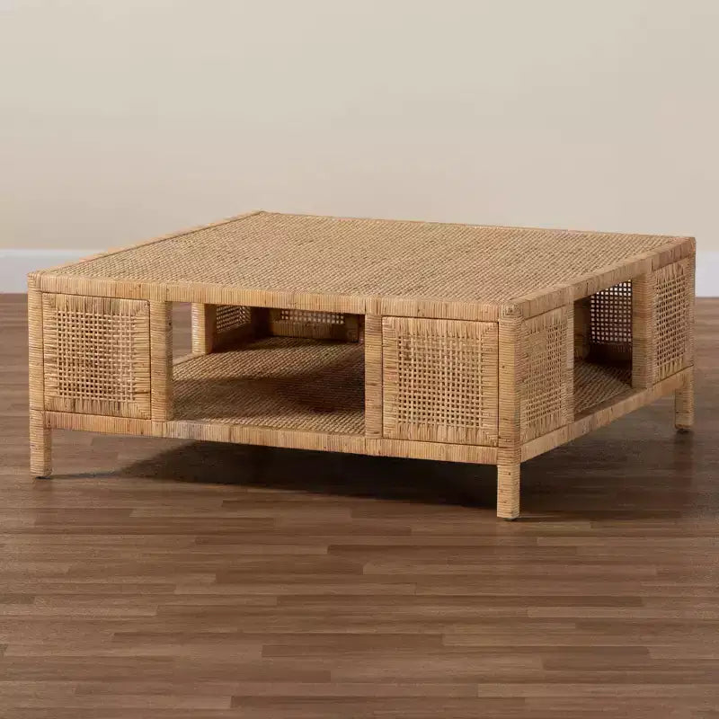 bali & pari Kalimantan Rattan and Mahogany Wood Square Coffee Table Light Honey