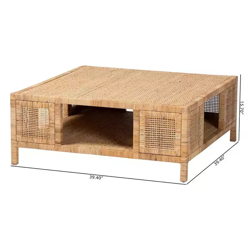 Table basse carrée en rotin de Bornéo et bois d'acajou, miel clair, par bali & pari