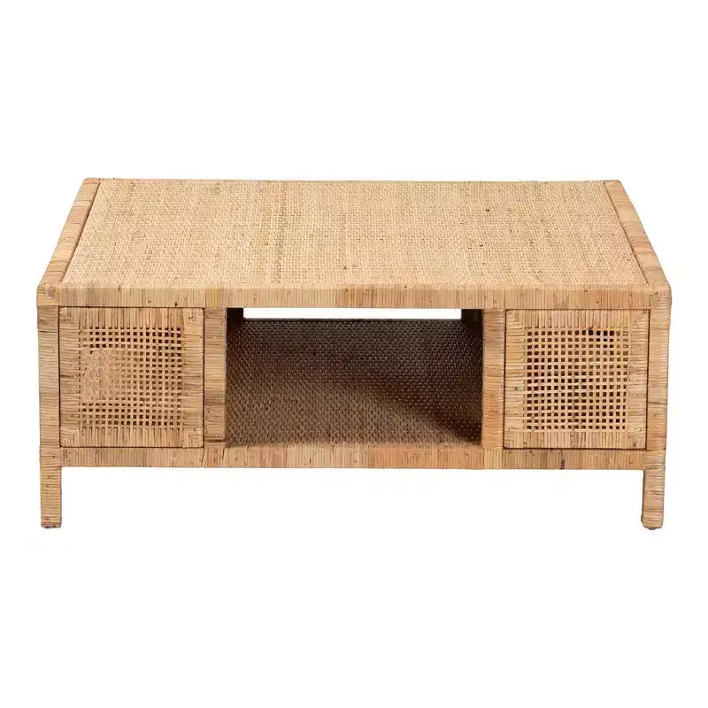 Table basse carrée en rotin de Bornéo et bois d'acajou, miel clair, par bali & pari