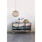 Console en bois de manguier Storied Home motif crème : Portes en corde tressée, Rangement divisé, Montage sans outils