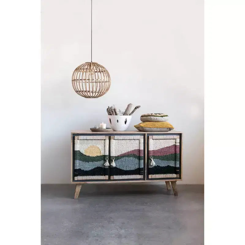 Console en bois de manguier Storied Home motif crème : Portes en corde tressée, Rangement divisé, Montage sans outils