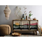 Console en bois de manguier Storied Home motif crème : Portes en corde tressée, Rangement divisé, Montage sans outils