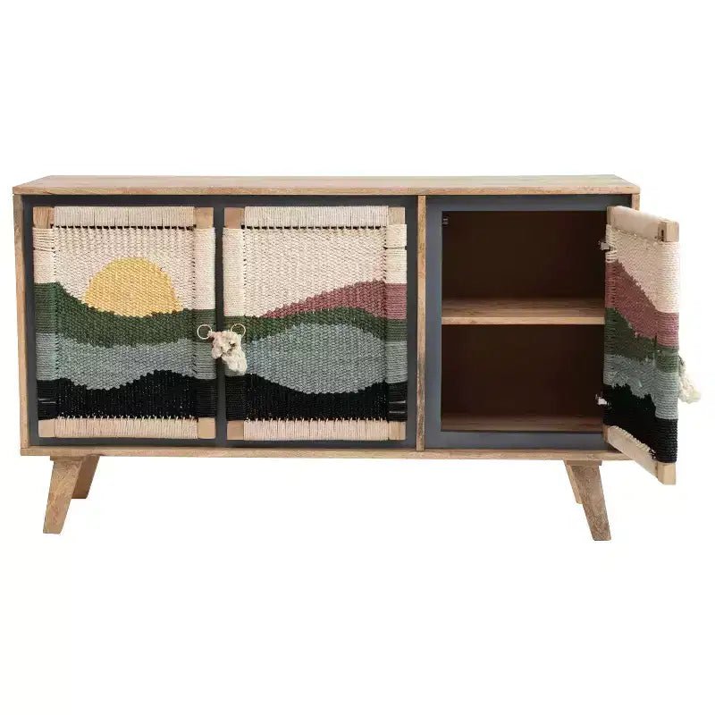 Console en bois de manguier Storied Home motif crème : Portes en corde tressée, Rangement divisé, Montage sans outils