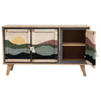 Console en bois de manguier Storied Home motif crème : Portes en corde tressée, Rangement divisé, Montage sans outils