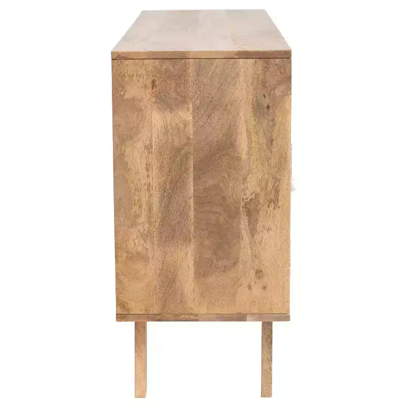 Console en bois de manguier Storied Home motif crème : Portes en corde tressée, Rangement divisé, Montage sans outils