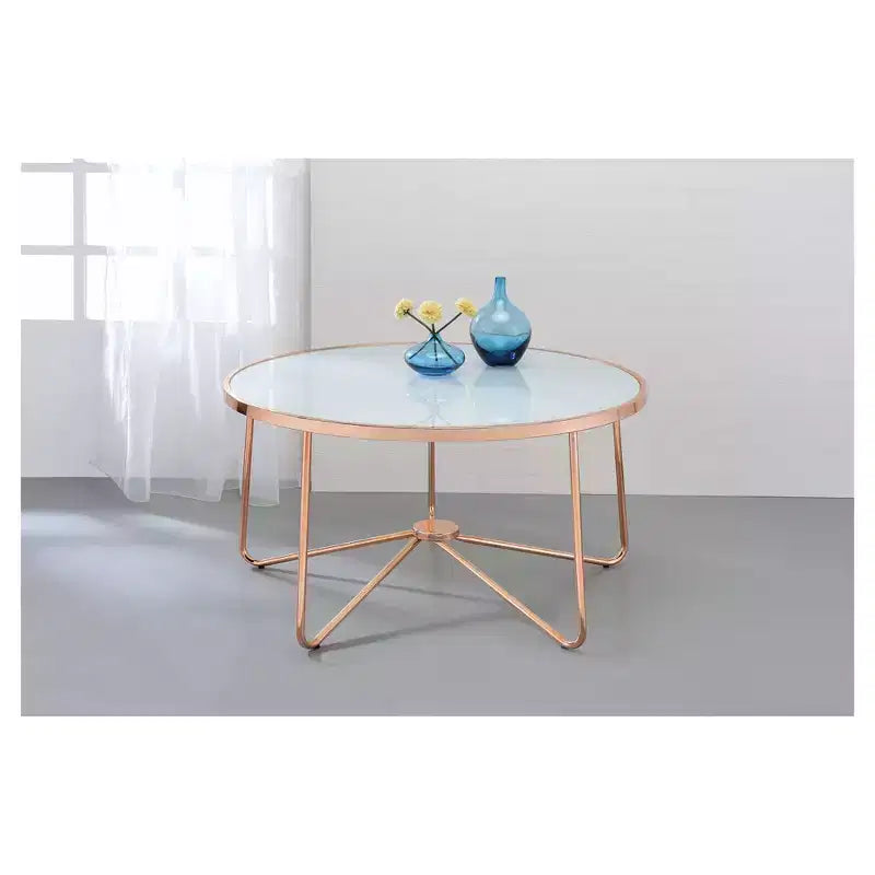 Coffee Table Frosted Rose Gold - Acme Furniture: 18" High, Metal Frame, Non-Slip Glider