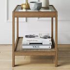 Table d'appoint Hayes en bois massif, rotin et plateau en verre marron clair brossé - Nathan James