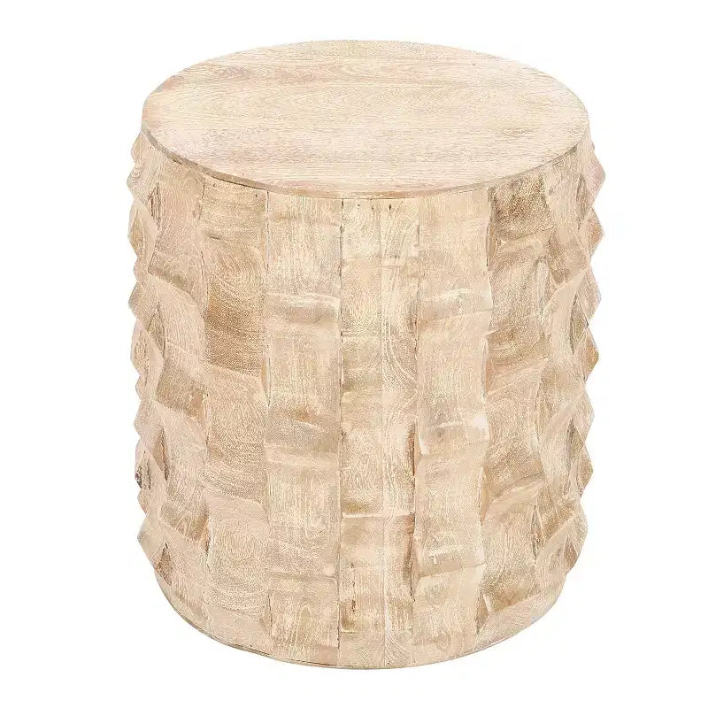 The Urban Port 20" Side End Table Round Drum Shape with 3D Textured Design Distressed White Finish White