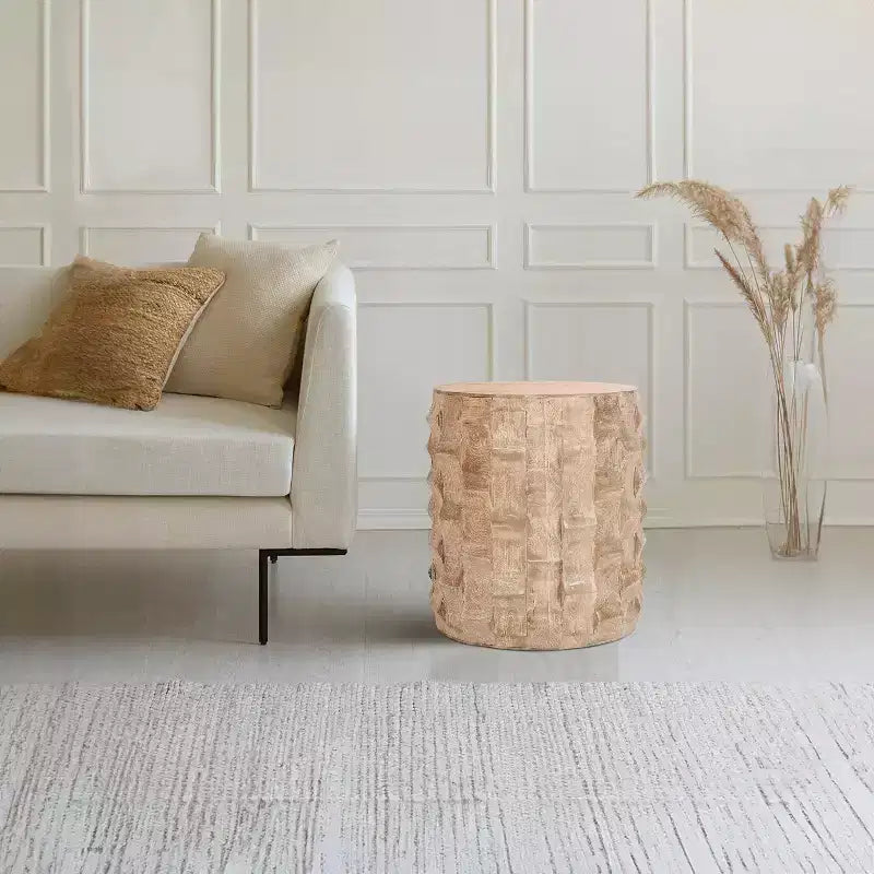 The Urban Port Table d'appoint ronde 20 pouces forme tambour avec motif texturé 3D finition blanc vieilli blanc