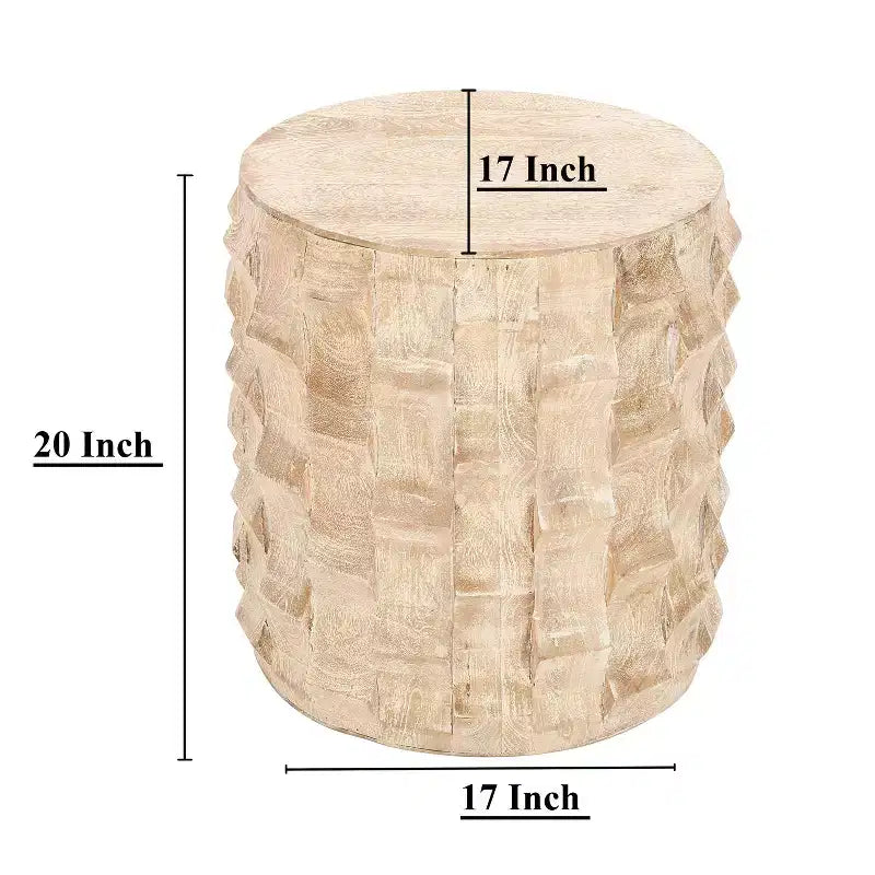 The Urban Port Table d'appoint ronde 20 pouces forme tambour avec motif texturé 3D finition blanc vieilli blanc