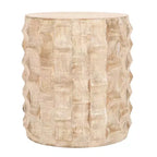 The Urban Port Table d'appoint ronde 20 pouces forme tambour avec motif texturé 3D finition blanc vieilli blanc