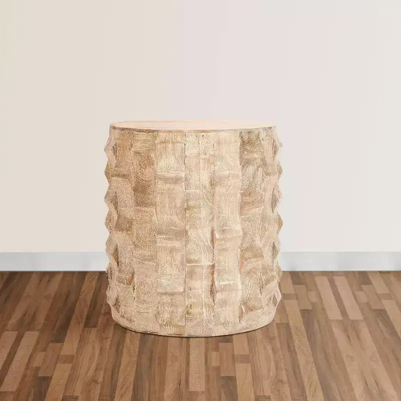 The Urban Port Table d'appoint ronde 20 pouces forme tambour avec motif texturé 3D finition blanc vieilli blanc