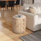 The Urban Port Table d'appoint ronde 20 pouces forme tambour avec motif texturé 3D finition blanc vieilli blanc