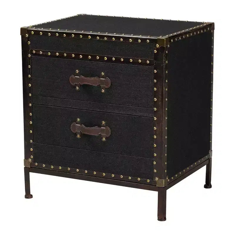 Table de chevet Baxton Studio Laura en toile à 2 tiroirs, malle noire/marron