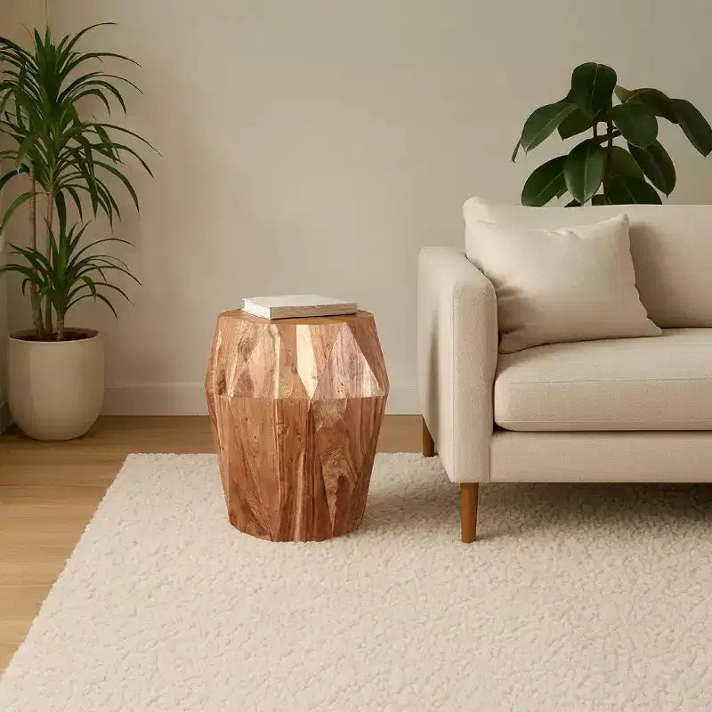Table d'appoint urbaine 22 po artisanale à plateau octogonal multifacette en bois d'acacia massif brun naturel