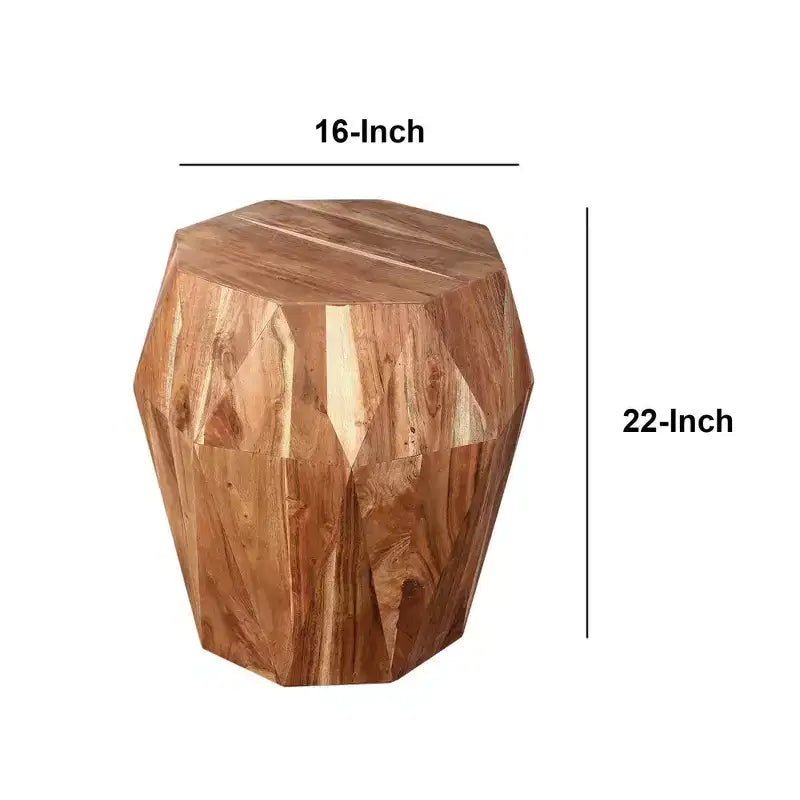 Table d'appoint urbaine 22 po artisanale à plateau octogonal multifacette en bois d'acacia massif brun naturel