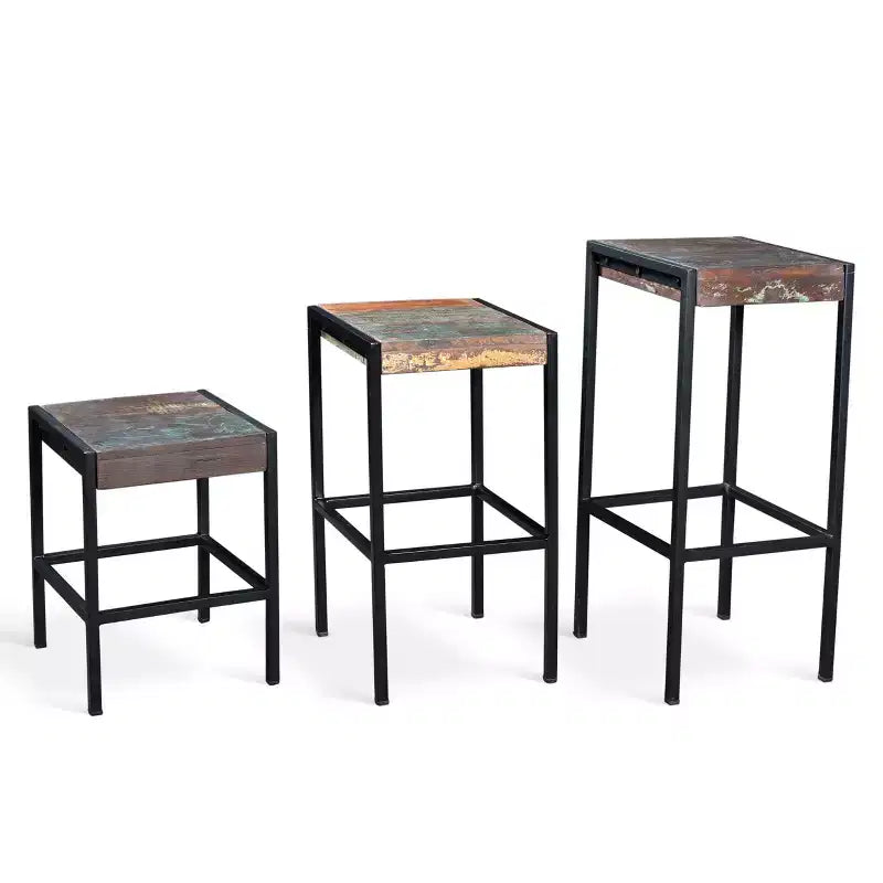 Tabouret industriel en bois de récupération et fer - (H26 x L14 x P14) - Naturel - Timbergirl