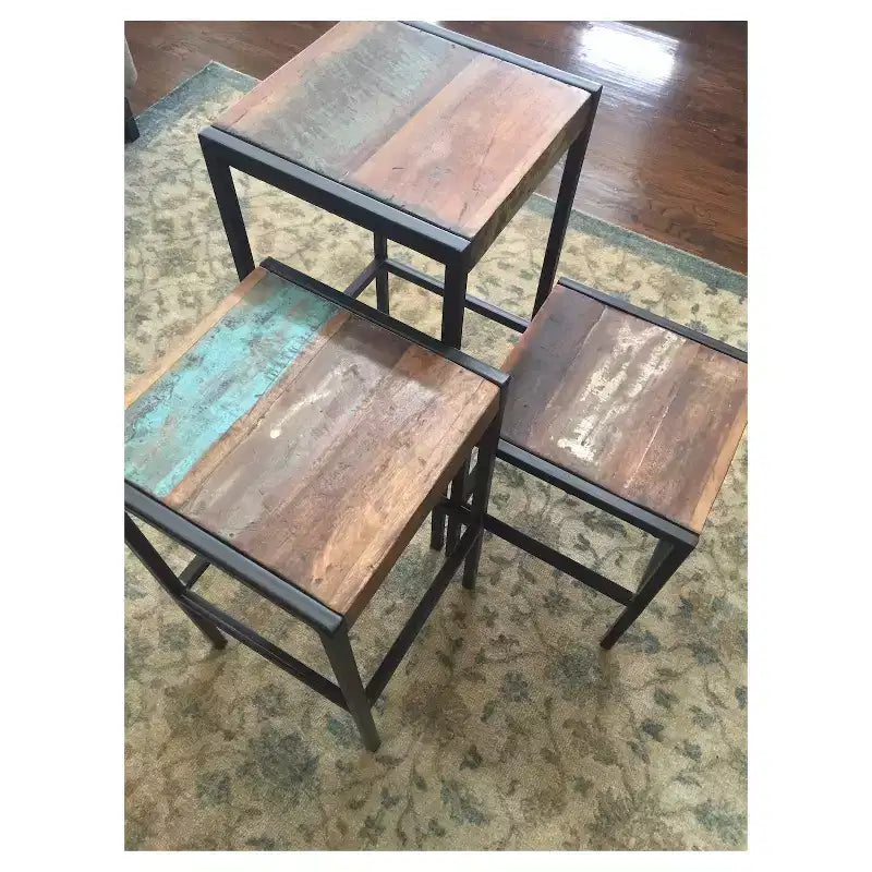 Tabouret industriel en bois de récupération et fer - (H26 x L14 x P14) - Naturel - Timbergirl