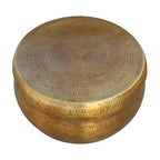 Table basse ronde Urban Port 32" style tambour artisanal en aluminium texturé martelé et estampé laiton antique