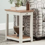 Table d'appoint Savannah Chairside avec étagère coulissante Ivoire avec plateau en bois naturel - Meubles Alaterre