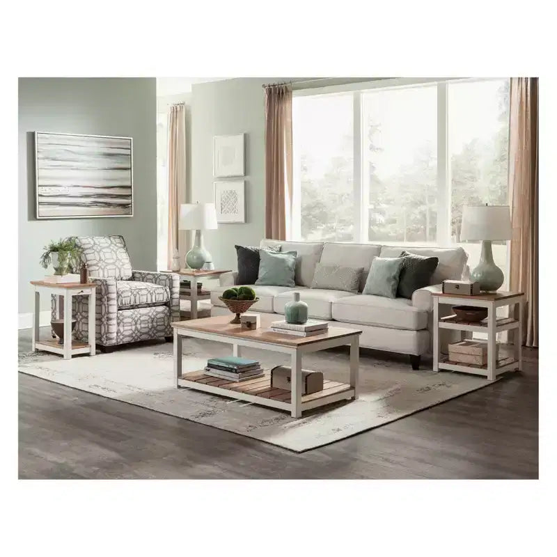 Table d'appoint Savannah Chairside avec étagère coulissante Ivoire avec plateau en bois naturel - Meubles Alaterre