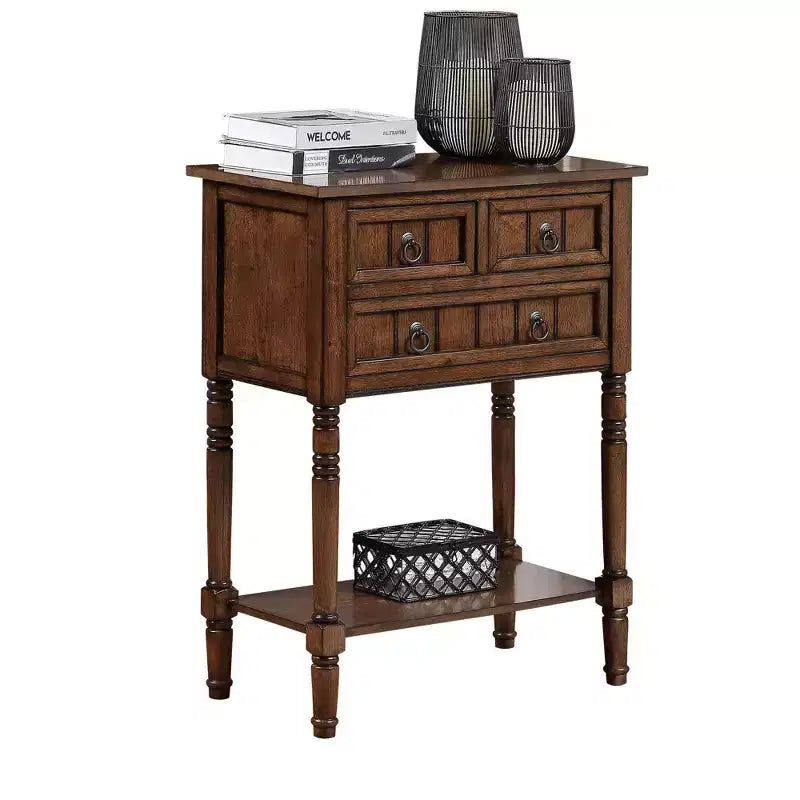 Table de console Kendra en chêne foncé – Breighton Home : 3 tiroirs, étagère, design peu encombrant