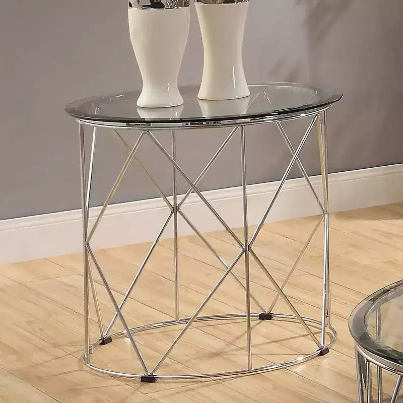 Relm Glass Top End Table Chrome - miBasics: Contemporary Round, Metallic Finish, Steel Base, 23" Height