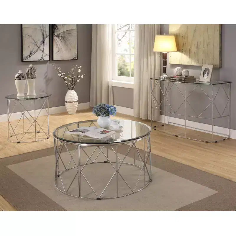 Relm Glass Top End Table Chrome - miBasics: Contemporary Round, Metallic Finish, Steel Base, 23" Height