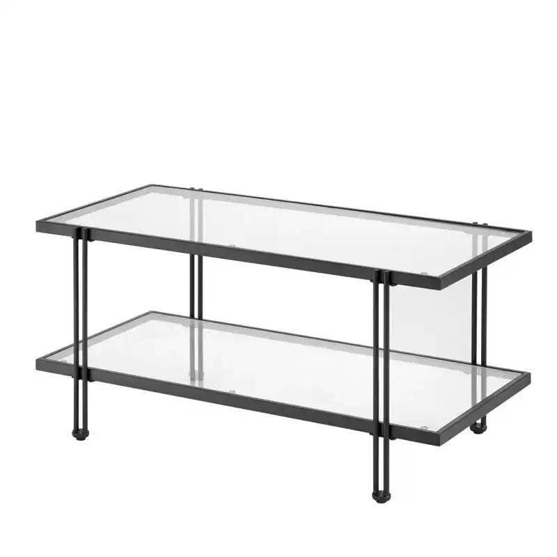Lifestorey Folio Metal and Glass Coffee Table Black: Urban Style, 2-Tier, Tempered Shelf, Powder-Coated Finish
