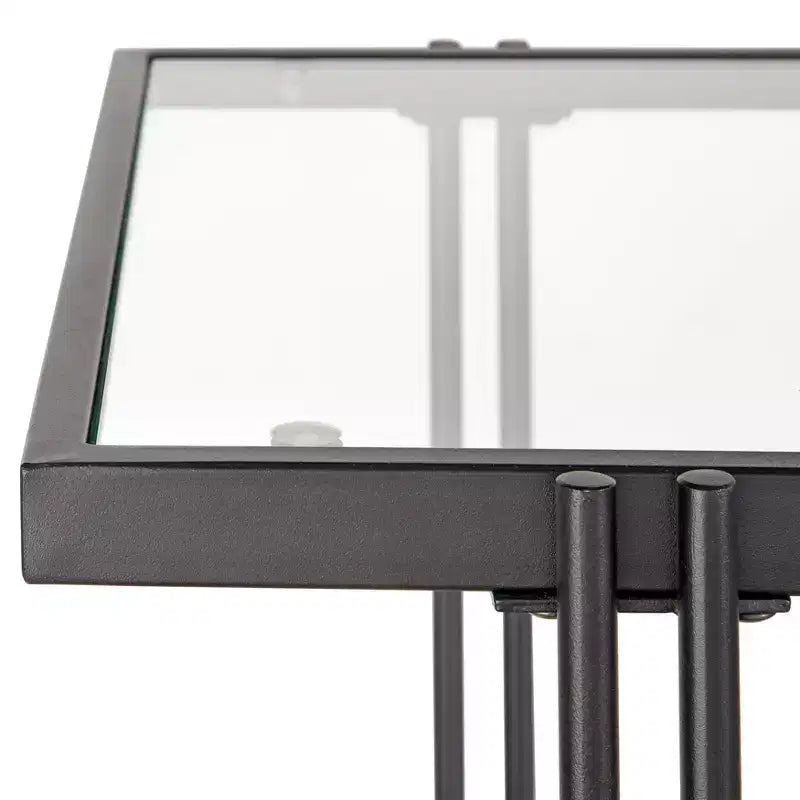 Table basse Lifestorey Folio métal et verre Noir : Style urbain, 2 niveaux, étagère en verre trempé, finition thermolaquée