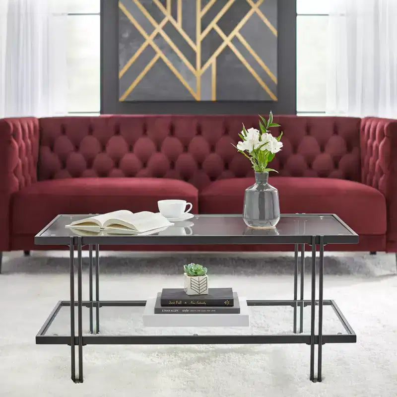 Table basse Lifestorey Folio métal et verre Noir : Style urbain, 2 niveaux, étagère en verre trempé, finition thermolaquée