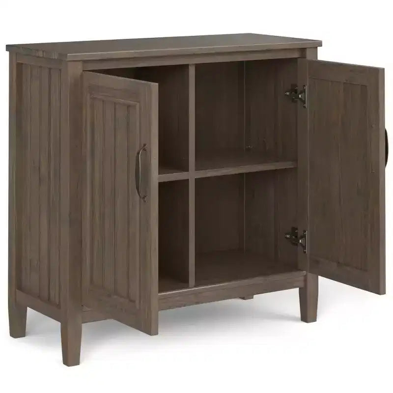 Meuble de rangement bas Rowan brun fumé - Wyndenhall : accent contemporain, étagères fixes, pin et contreplaqué