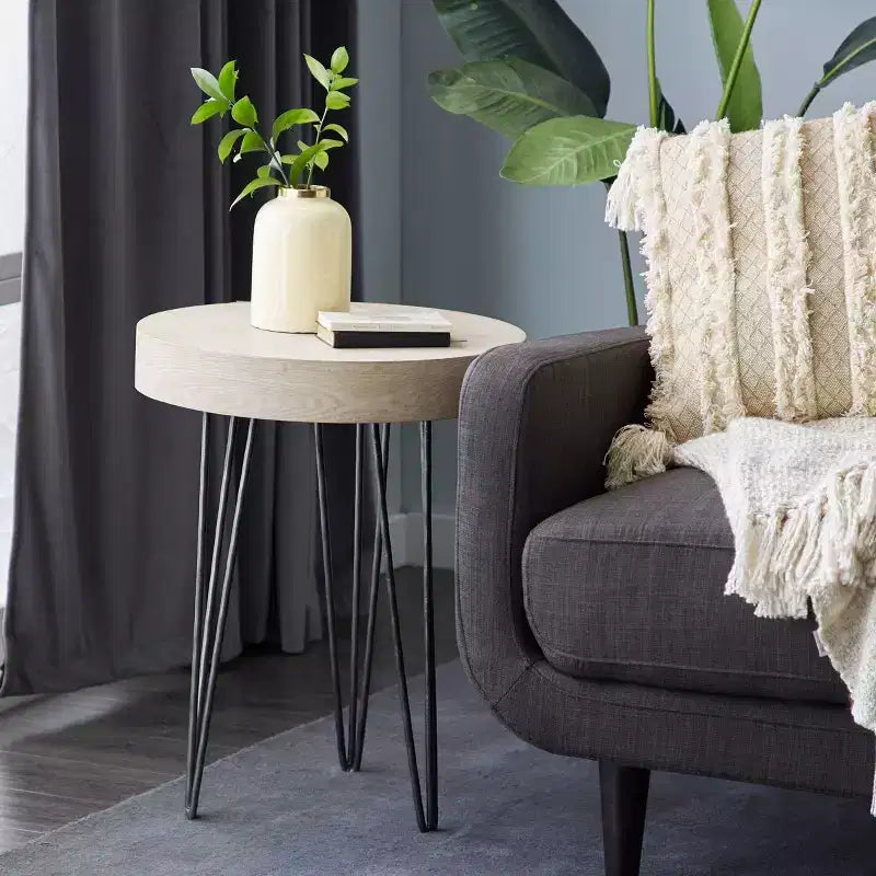 Table d'appoint moderne Olivia & May marron : plateau rond en bois, aucun assemblage requis, cadre en MDF