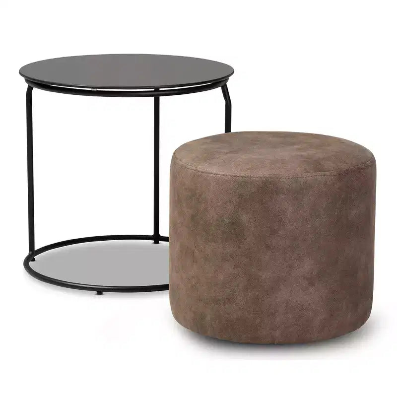 Ensemble de 2 tables gigognes et poufs Kira, marron/noir - Baxton Studio