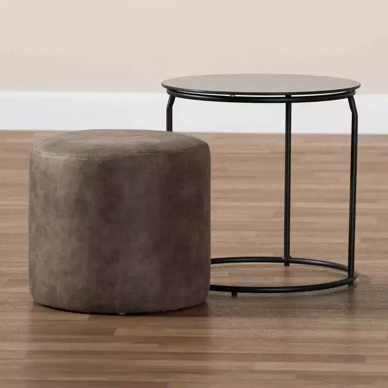 Ensemble de 2 tables gigognes et poufs Kira, marron/noir - Baxton Studio