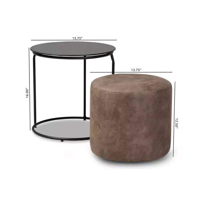Ensemble de 2 tables gigognes et poufs Kira, marron/noir - Baxton Studio