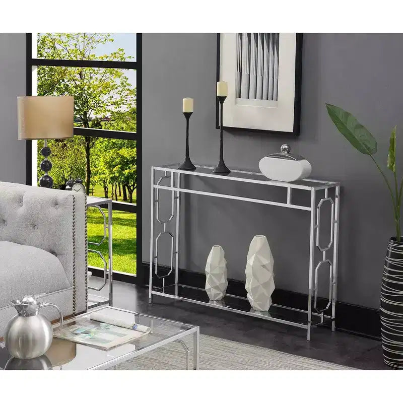 Table console Omega Chrome Chrome - Breighton Home : Moderne milieu de siècle, Verre trempé, Cadre métallique, Forme rectangulaire