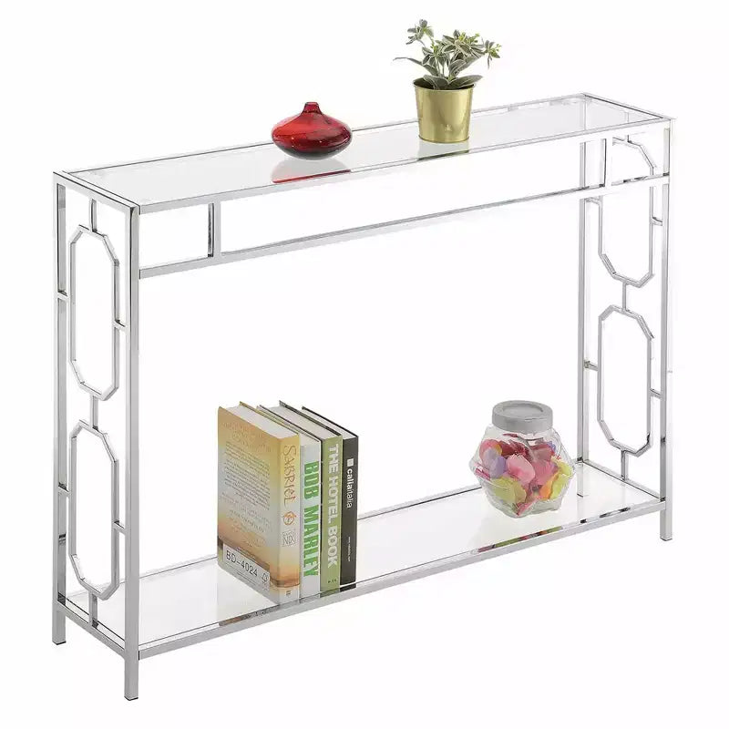 Table console Omega Chrome Chrome - Breighton Home : Moderne milieu de siècle, Verre trempé, Cadre métallique, Forme rectangulaire