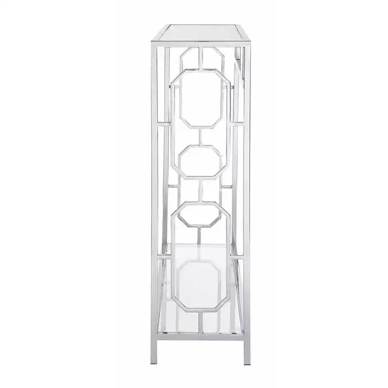 Table console Omega Chrome Chrome - Breighton Home : Moderne milieu de siècle, Verre trempé, Cadre métallique, Forme rectangulaire