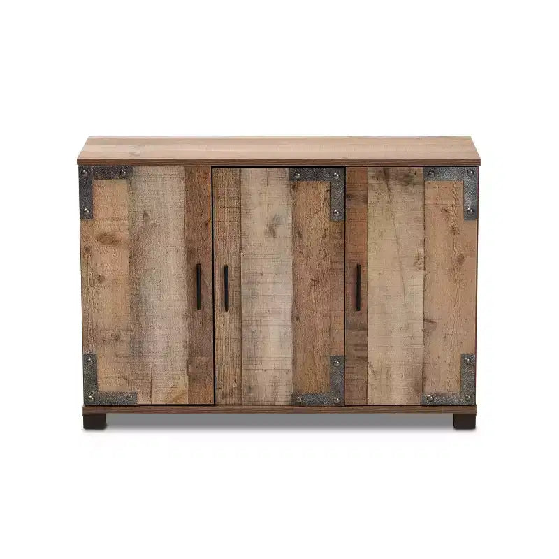 3 Door Cyrille Wood Shoe Cabinet Brown - Baxton Studio: Entryway Storage, 12 Pair Capacity, Industrial Farmhouse Style