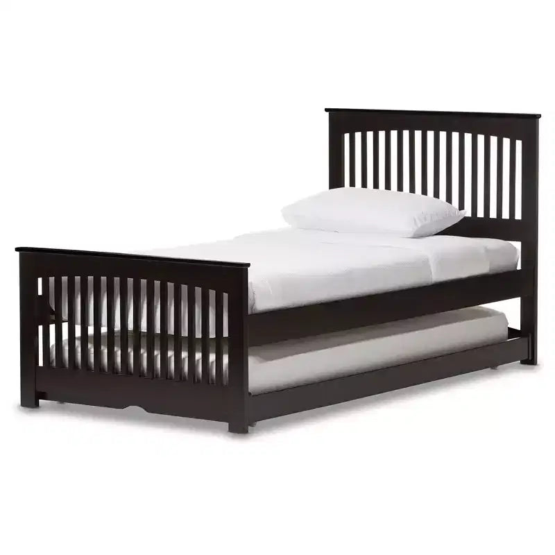 Twin Hevea Solid Wood Platform Bed with Guest Trundle Bed Dark Brown - Baxton Studio: Rubberwood Frame, No Box Spring Needed