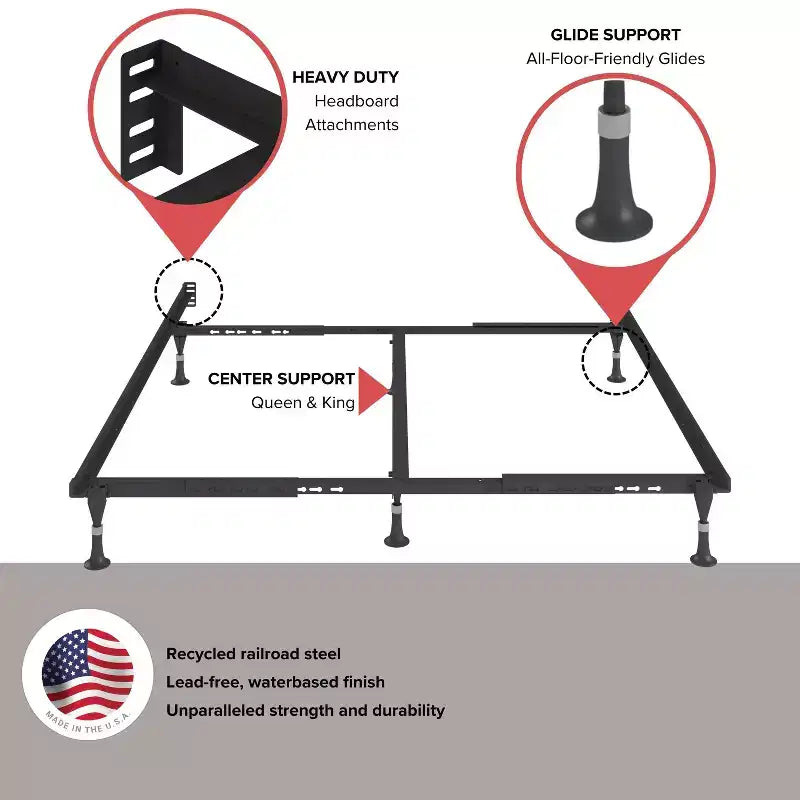 Hollywood Bed Frame Atlas Lock Sommier métallique avec cadre de lit à taille universelle Noir