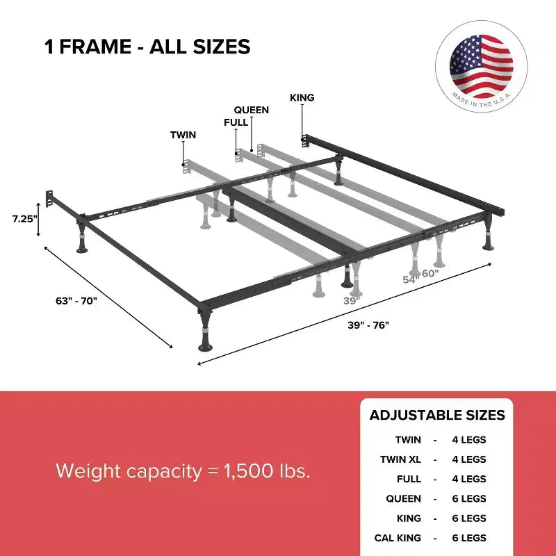 Hollywood Bed Frame Atlas Lock Sommier métallique avec cadre de lit à taille universelle Noir