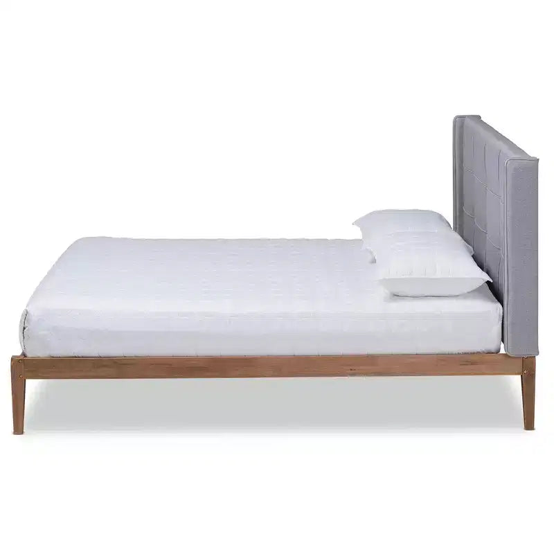 Lit plateforme en bois tapissé King Edmond Tissu gris/noyer cendré - Baxton Studio