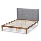Lit plateforme en bois tapissé King Edmond Tissu gris/noyer cendré - Baxton Studio