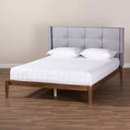 Lit plateforme en bois tapissé King Edmond Tissu gris/noyer cendré - Baxton Studio