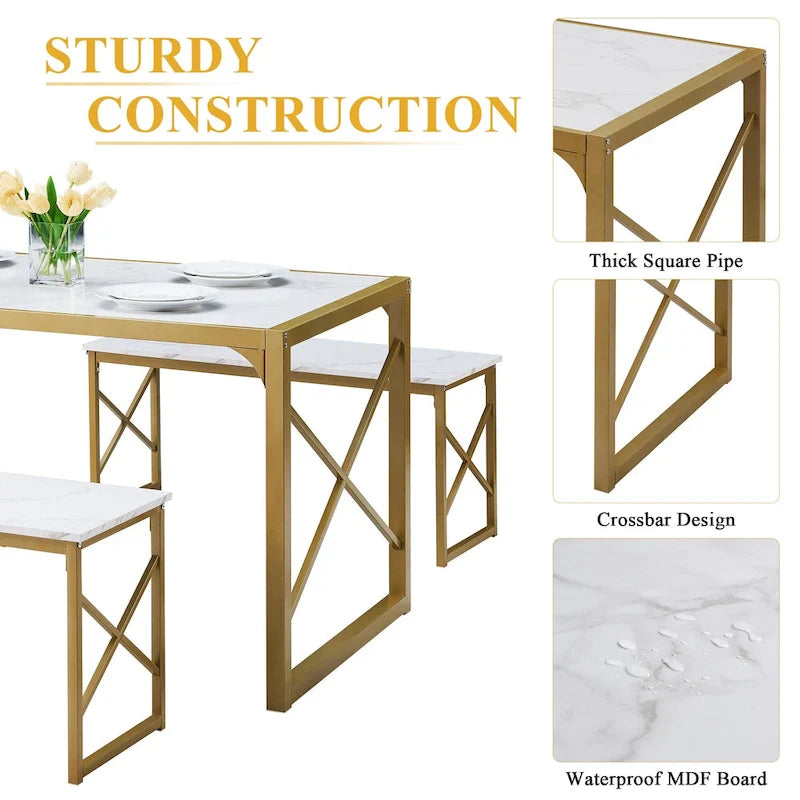 VECELO 3-pieces Dining Table with Bench, Dinning Room Table Set for 4-6, Kitchen Table with 2 Benches Dining Table Set