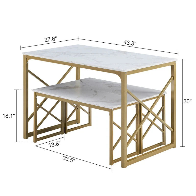 VECELO 3-pieces Dining Table with Bench, Dinning Room Table Set for 4-6, Kitchen Table with 2 Benches Dining Table Set