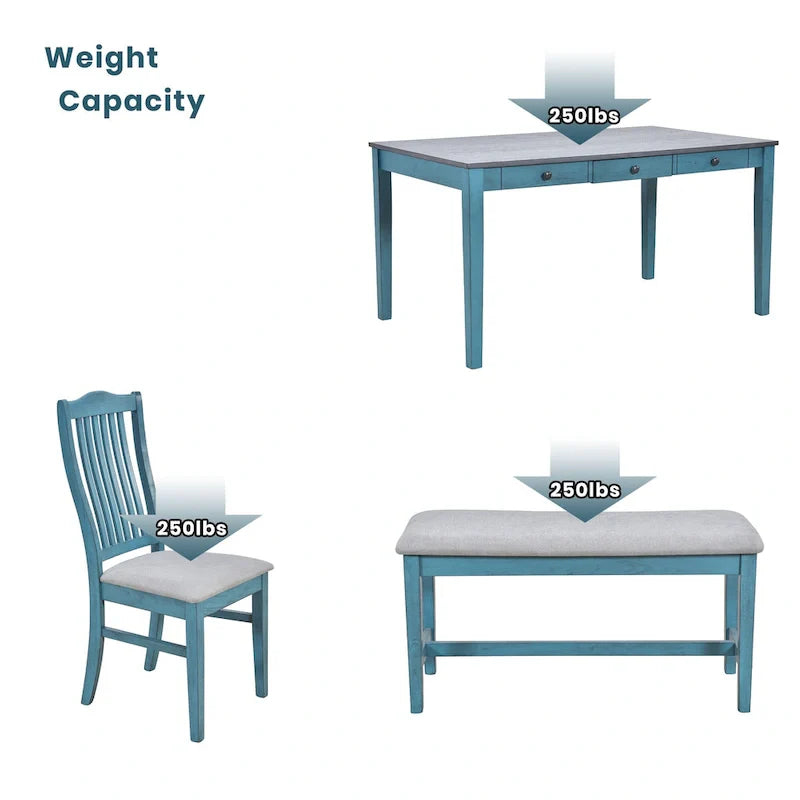 6-Piece Wooden Dining Table Set with 4 Chairs & Bench, Table with Drawer
