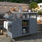 Outdoor Kitchen Island, Rolling Bar Cart & Storage Cabinet,Solid Wood Grill Table with Stainless Steel Top,Spice Rack,Towel Rack